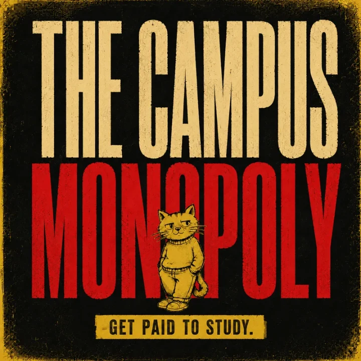 The Campus Monopoly course artwork: the title in cream and red block lettering on black, a yellow cartoon cat standing in the middle, above the line “Get paid to study.”