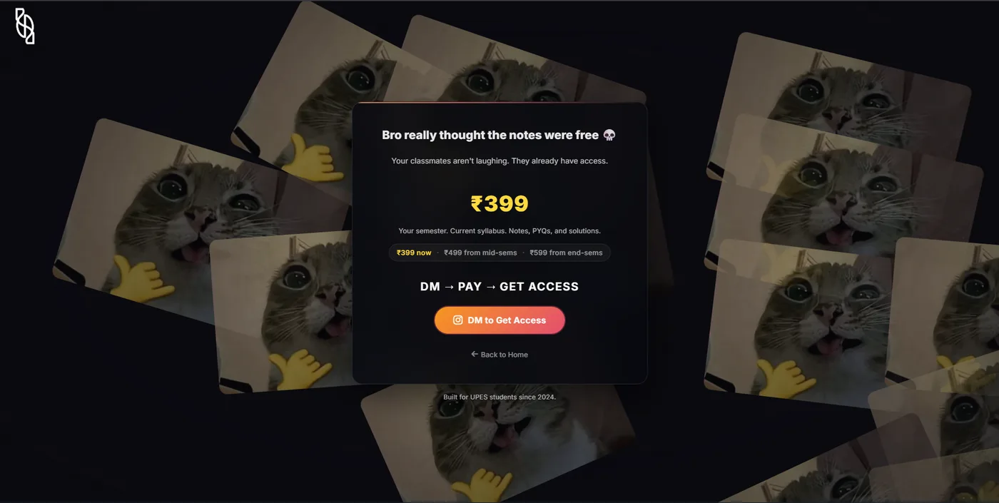 The platform's paywall screen showing a price of ₹399 for a semester and a button to get access.