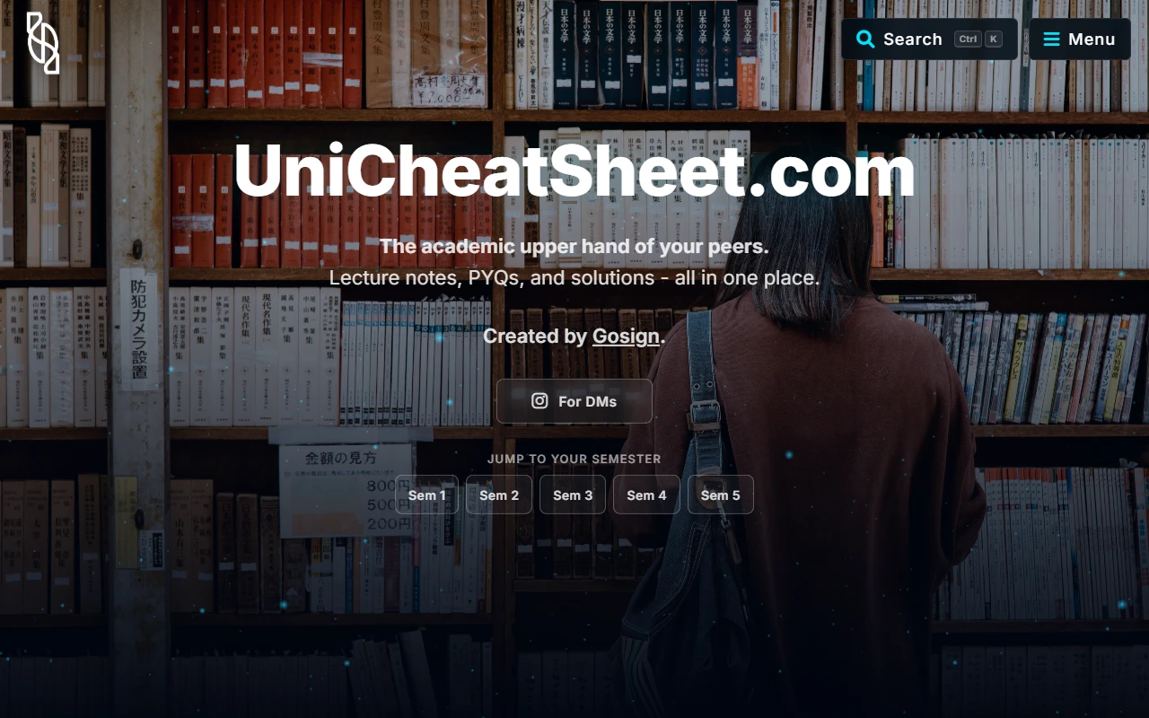 The UniCheatSheet homepage: the site name over a library backdrop, the line “Lecture notes, PYQs, and solutions — all in one place”, and five buttons, one per semester.